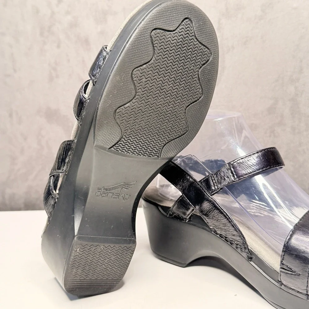 Dansko Black Leather Wedge Sandals